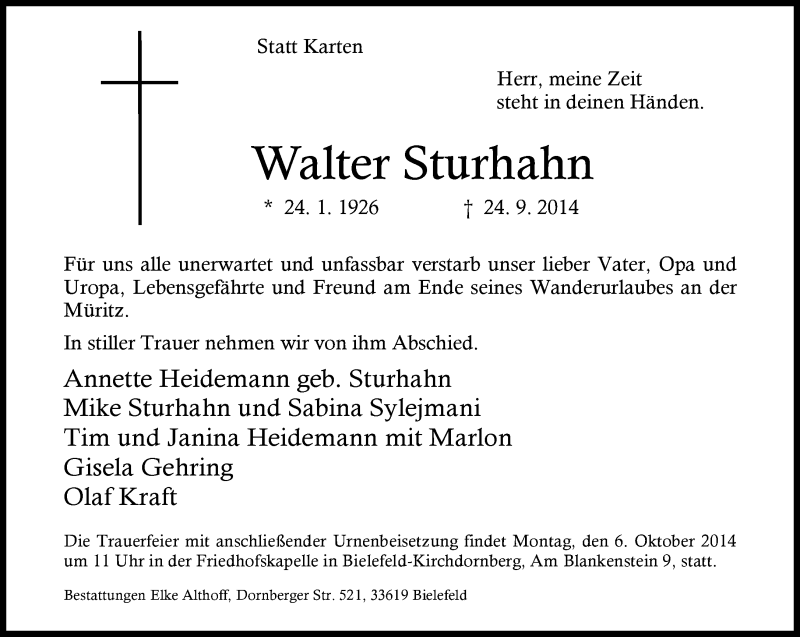  Traueranzeige für Walter Sturhahn vom 27.09.2014 aus Neue Westfälische