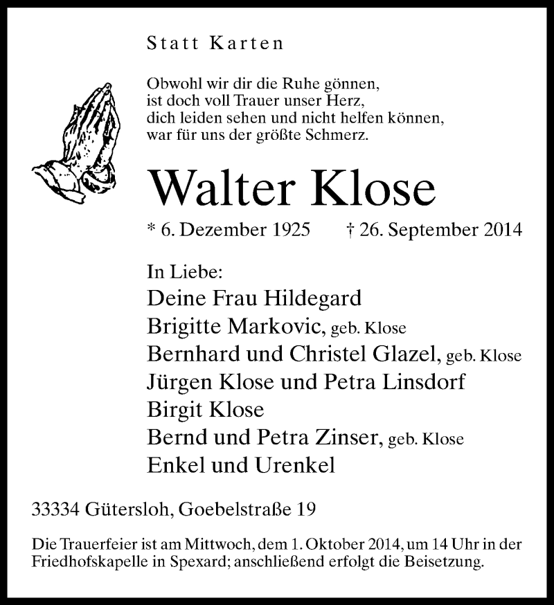  Traueranzeige für Walter Klose vom 29.09.2014 aus Neue Westfälische
