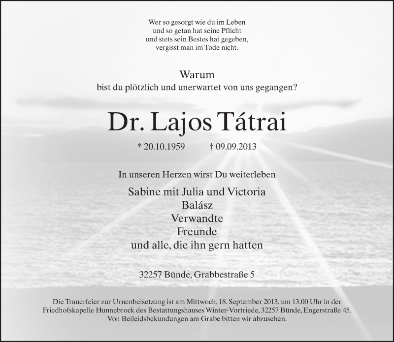  Traueranzeige für Lajos Tátrai vom 14.09.2013 aus Neue Westfälische