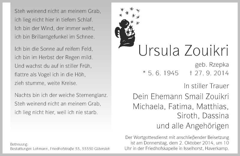  Traueranzeige für Ursula Zouikri vom 30.09.2014 aus Neue Westfälische