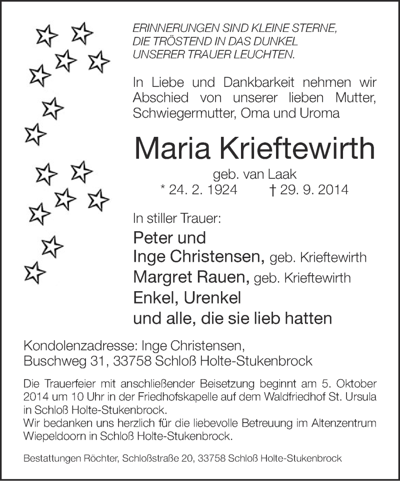 Traueranzeige für Maria Krieftewirth vom 30.09.2014 aus Neue Westfälische