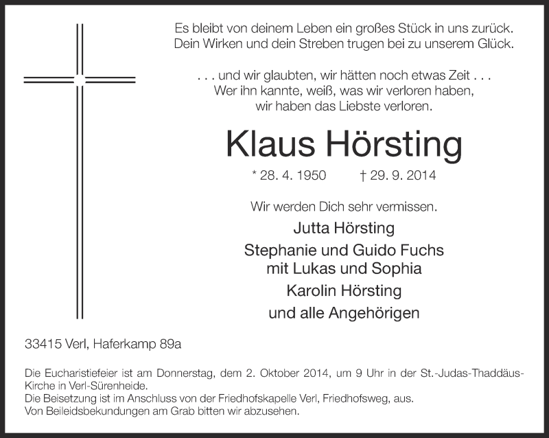  Traueranzeige für Klaus Hörsting vom 30.09.2014 aus Neue Westfälische