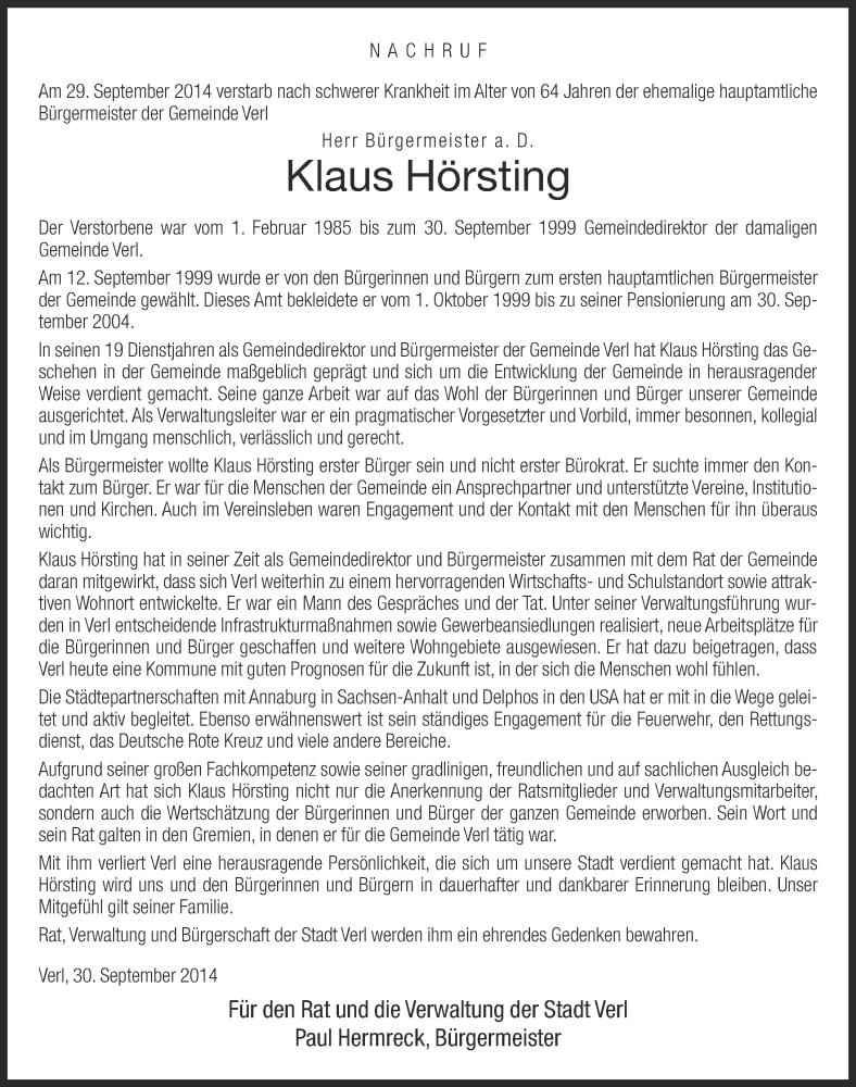  Traueranzeige für Klaus Hörsting vom 01.10.2014 aus Neue Westfälische