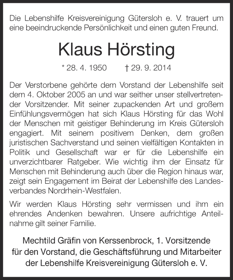  Traueranzeige für Klaus Hörsting vom 02.10.2014 aus Neue Westfälische