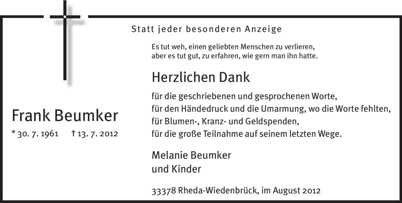  Traueranzeige für Frank Beumker vom 25.08.2012 aus Neue Westfälische