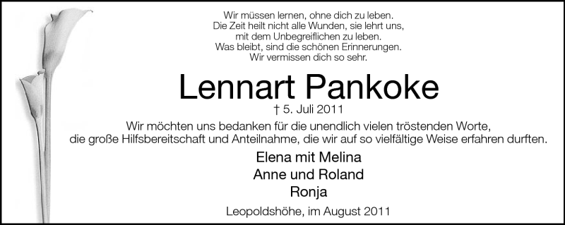  Traueranzeige für Lennart Pankoke vom 06.08.2011 aus Neue Westfälische