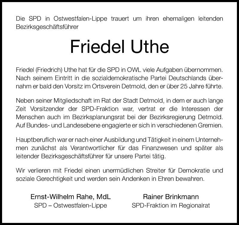  Traueranzeige für Friedel Uthe vom 11.10.2014 aus Neue Westfälische