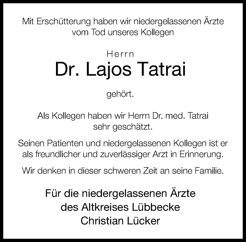  Traueranzeige für Lajos Tátrai vom 28.09.2013 aus Neue Westfälische