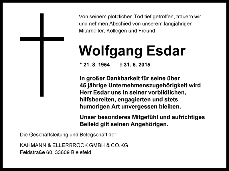  Traueranzeige für Wolfgang Esdar vom 03.06.2015 aus Neue Westfälische