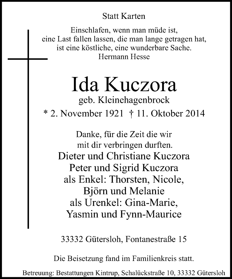  Traueranzeige für Ida Kuczora vom 16.10.2014 aus Neue Westfälische