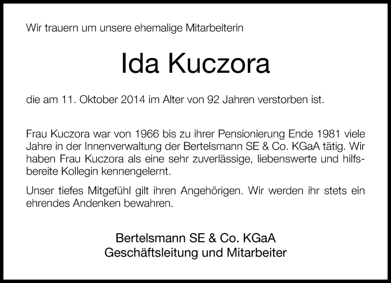  Traueranzeige für Ida Kuczora vom 16.10.2014 aus Neue Westfälische
