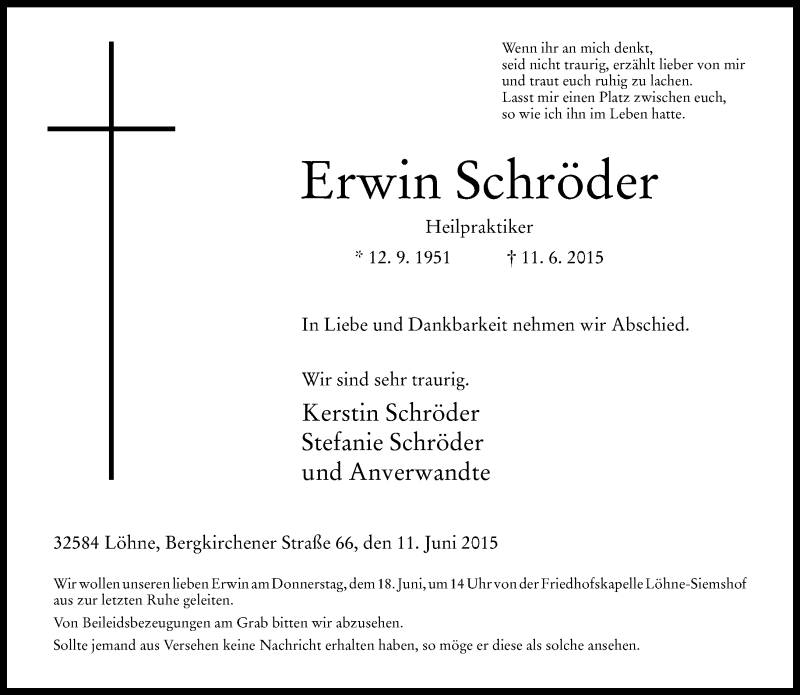  Traueranzeige für Erwin Schröder vom 16.06.2015 aus Neue Westfälische