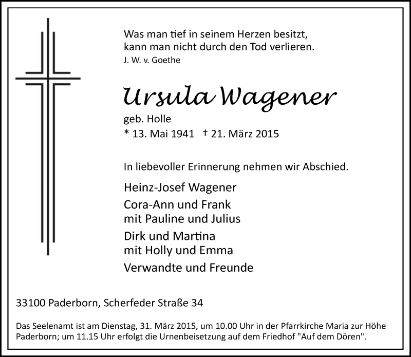  Traueranzeige für Ursula Wagener vom 25.03.2015 aus Neue Westfälische