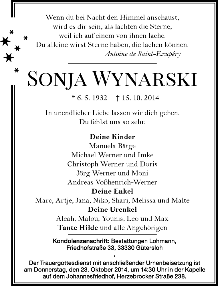  Traueranzeige für Sonja Wynarski vom 18.10.2014 aus Neue Westfälische