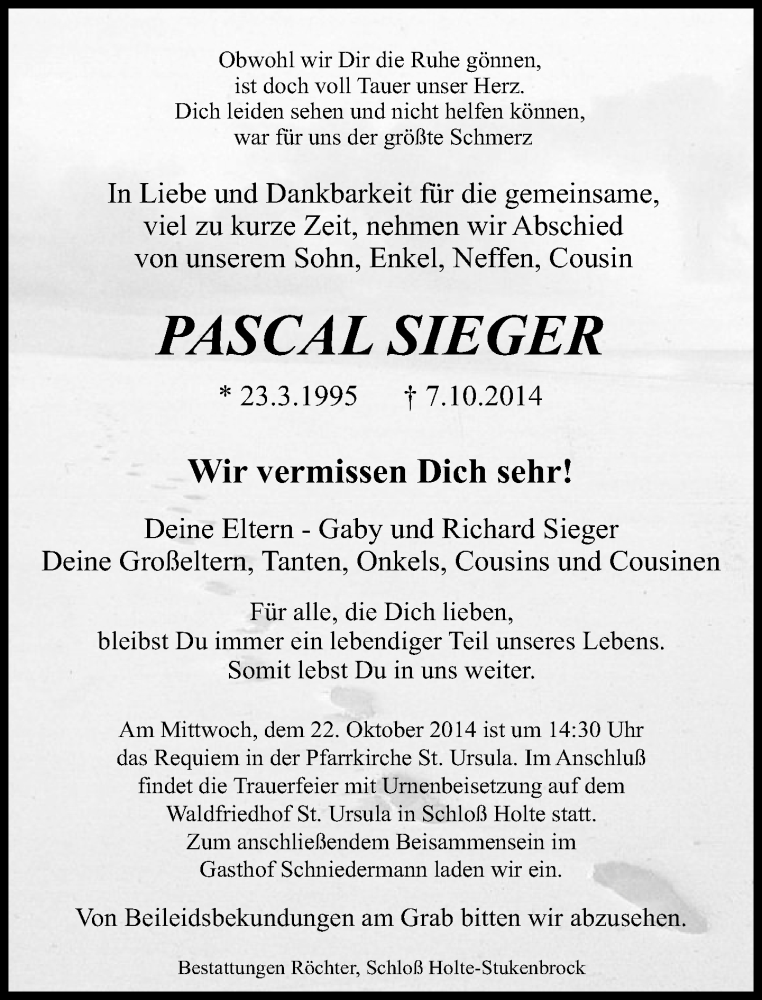  Traueranzeige für Pascal Sieger vom 18.10.2014 aus Neue Westfälische