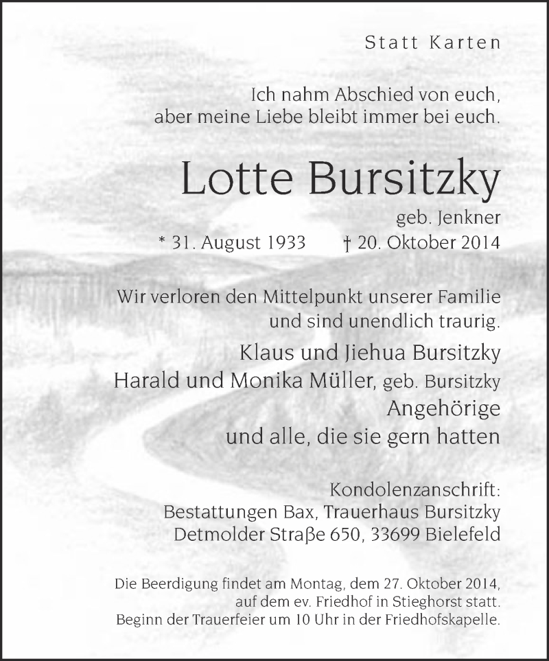  Traueranzeige für Lotte Bursitzky vom 22.10.2014 aus Neue Westfälische
