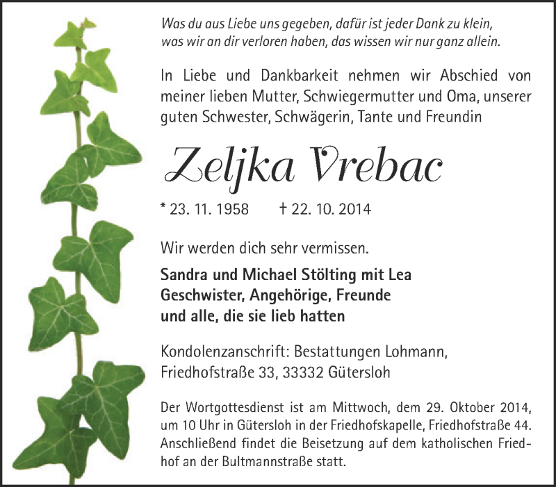  Traueranzeige für Zeljka Vrebac vom 25.10.2014 aus Neue Westfälische
