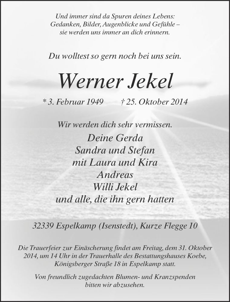  Traueranzeige für Werner Jekel vom 28.10.2014 aus Neue Westfälische