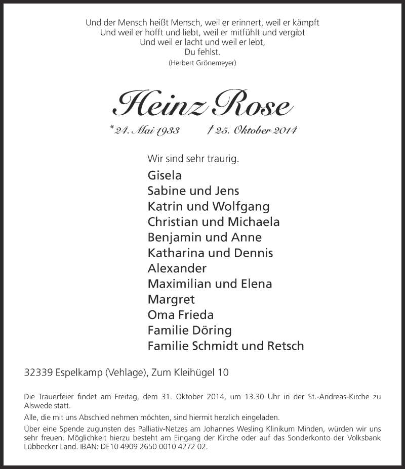  Traueranzeige für Heinz Rose vom 28.10.2014 aus Neue Westfälische