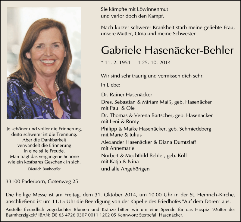  Traueranzeige für Gabriele Hasenäcker-Behler vom 28.10.2014 aus Neue Westfälische