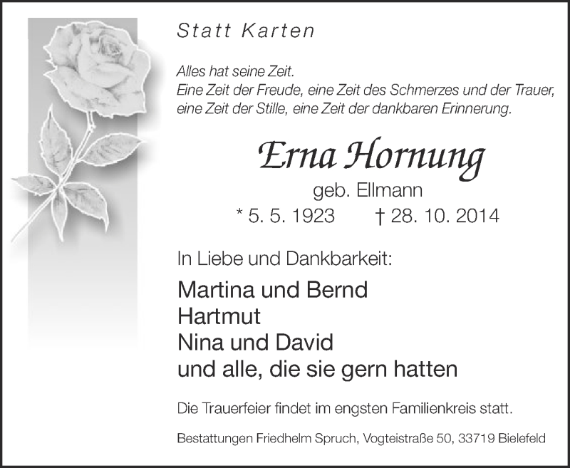 Traueranzeige für Erna Hornung vom 31.10.2014 aus Neue Westfälische