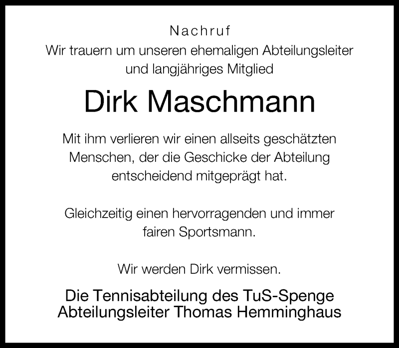  Traueranzeige für Dirk Maschmann vom 31.10.2014 aus Neue Westfälische