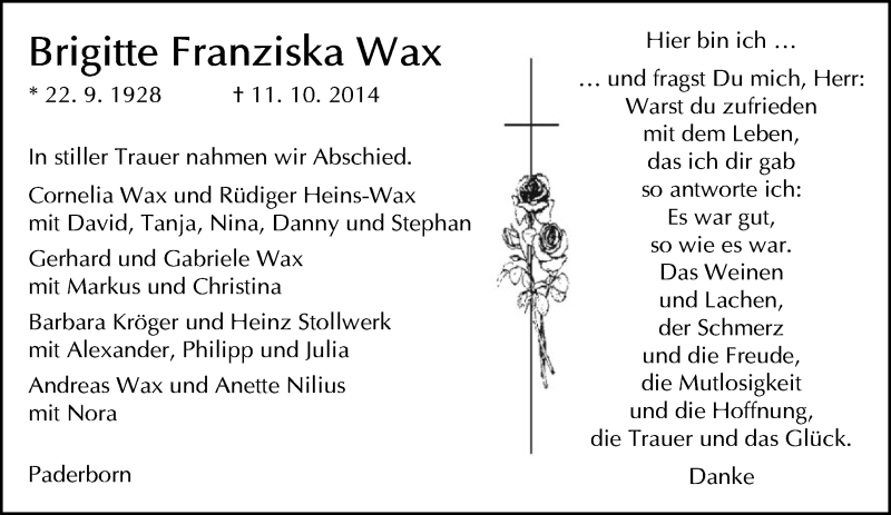  Traueranzeige für Brigitte Franziska Wax vom 31.10.2014 aus Neue Westfälische