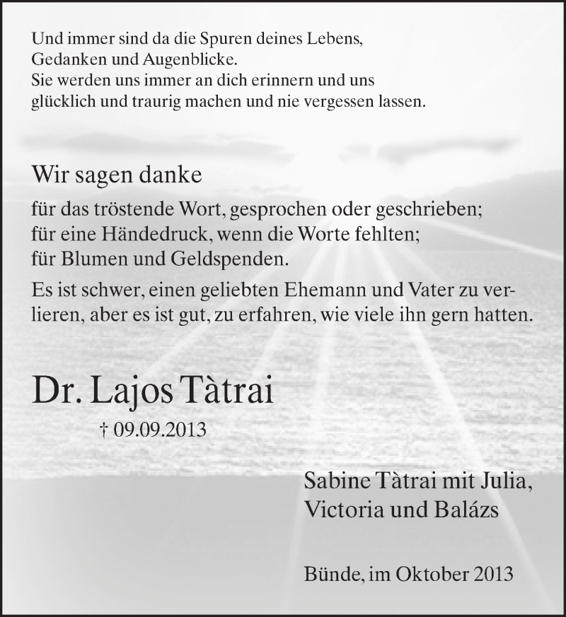  Traueranzeige für Lajos Tátrai vom 12.10.2013 aus Neue Westfälische