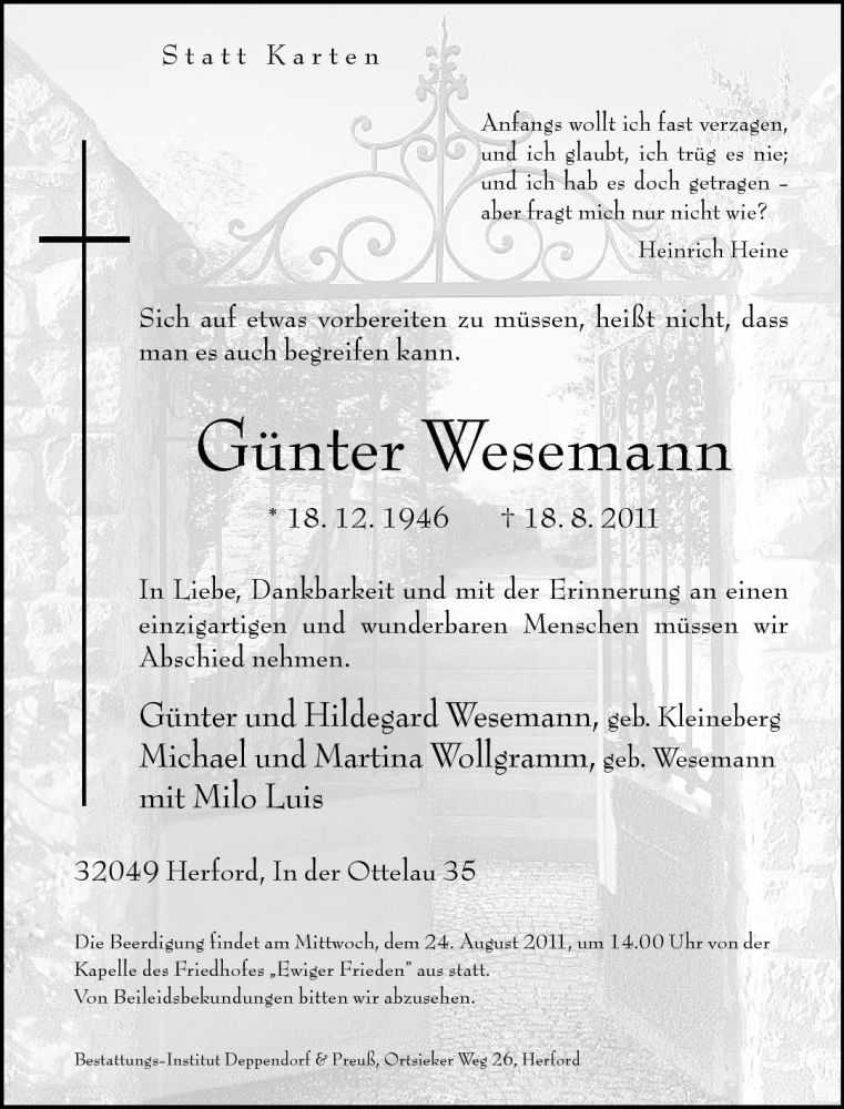  Traueranzeige für Günter Wesemann vom 20.08.2011 aus Neue Westfälische