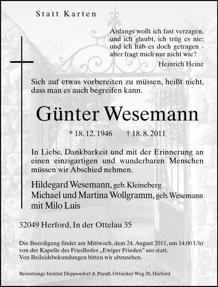  Traueranzeige für Günter Wesemann vom 22.08.2011 aus Neue Westfälische