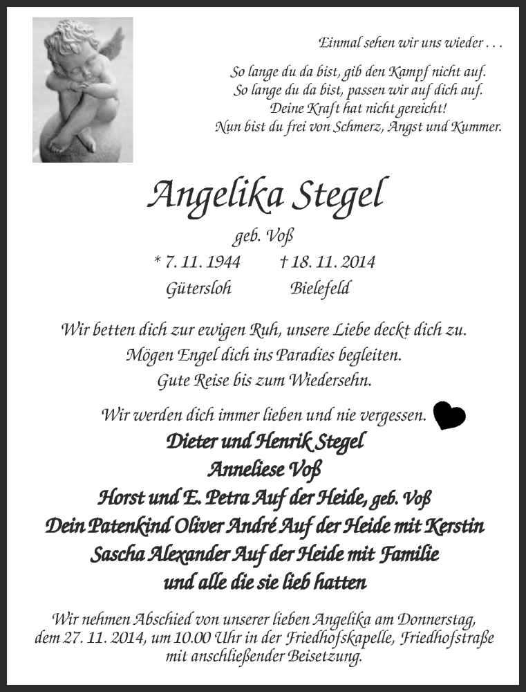  Traueranzeige für Angelika Stegel vom 22.11.2014 aus Neue Westfälische