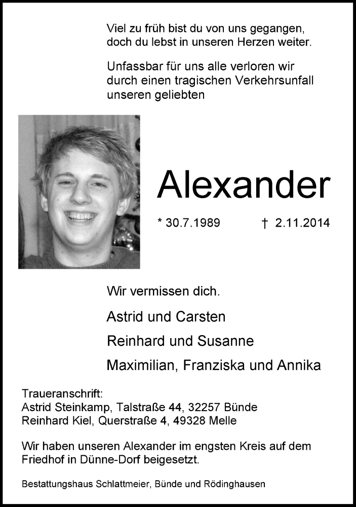  Traueranzeige für Alexander  vom 20.11.2014 aus Neue Westfälische