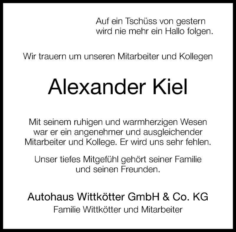  Traueranzeige für Alexander Kiel vom 20.11.2014 aus Neue Westfälische