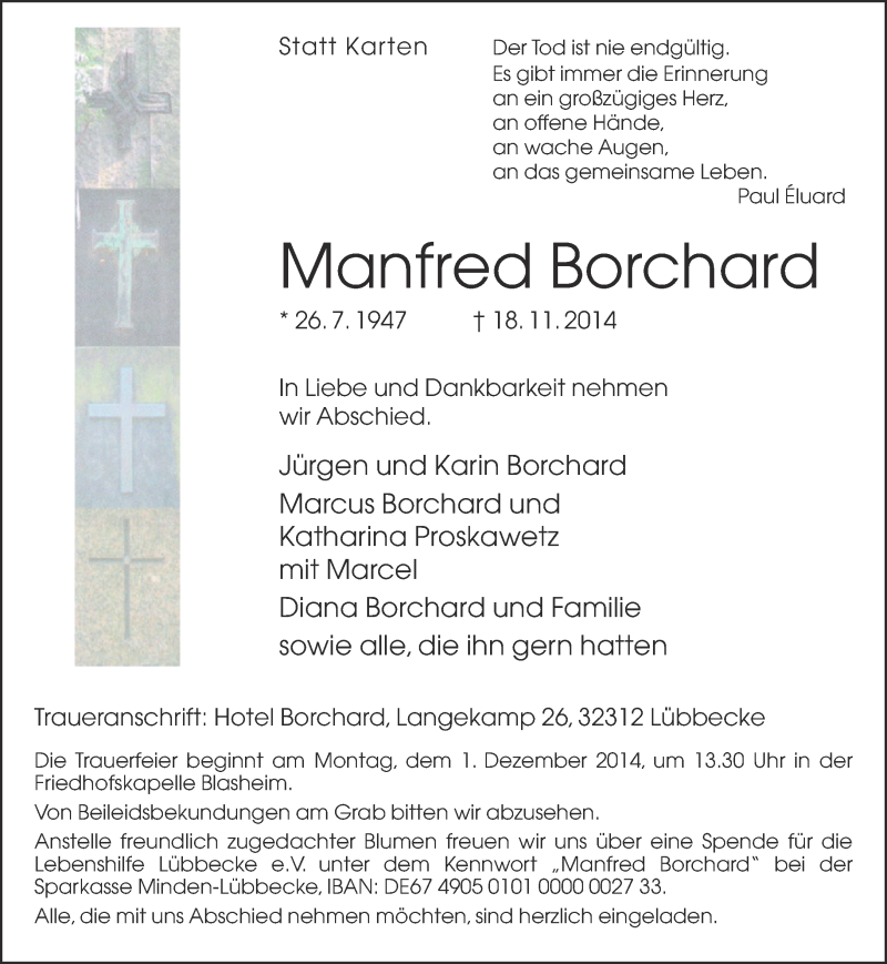  Traueranzeige für Manfred Borchard vom 22.11.2014 aus Neue Westfälische
