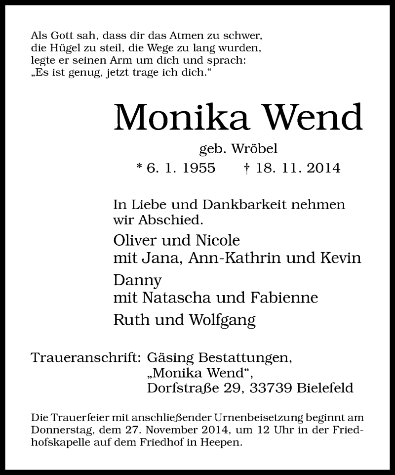  Traueranzeige für Monika Wend vom 22.11.2014 aus Neue Westfälische