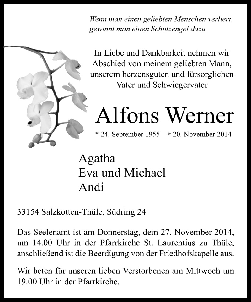  Traueranzeige für Alfons Werner vom 22.11.2014 aus Neue Westfälische