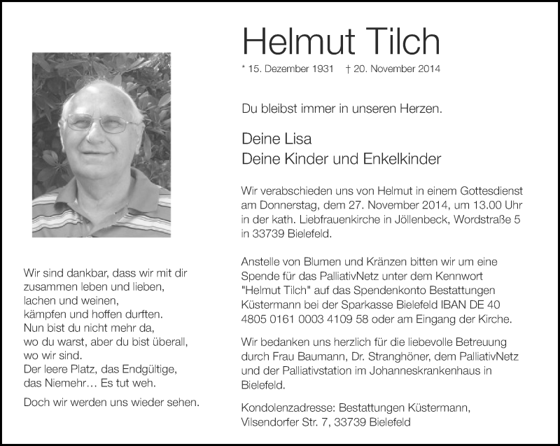  Traueranzeige für Helmut Tilch vom 22.11.2014 aus Neue Westfälische