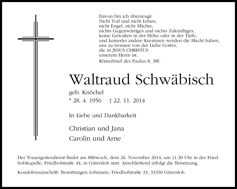  Traueranzeige für Waltraud Schwäbisch vom 24.11.2014 aus Neue Westfälische