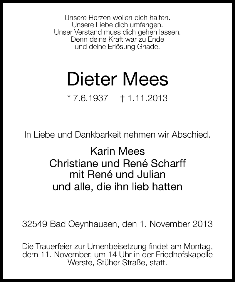  Traueranzeige für Dieter Mees vom 06.11.2013 aus Neue Westfälische