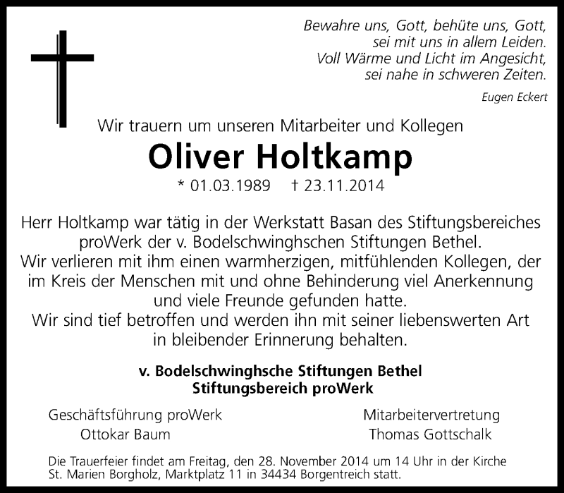  Traueranzeige für Oliver Holtkamp vom 27.11.2014 aus Neue Westfälische