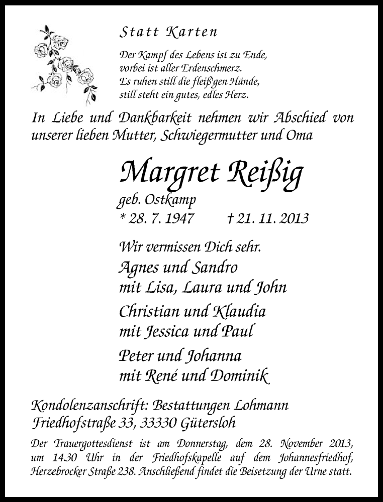  Traueranzeige für Margret Reißig vom 25.11.2013 aus Neue Westfälische