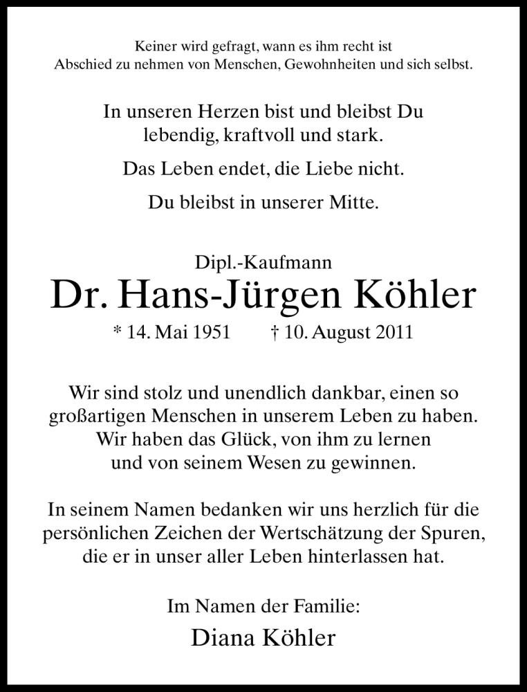  Traueranzeige für Hans-Jürgen Köhler vom 24.09.2011 aus Neue Westfälische