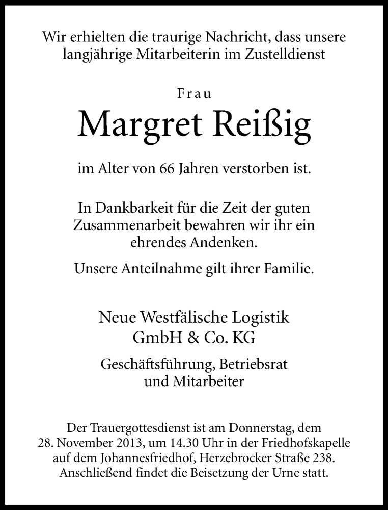  Traueranzeige für Margret Reißig vom 26.11.2013 aus Neue Westfälische