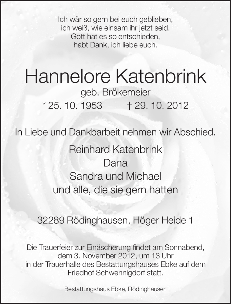  Traueranzeige für Hannelore Katenbrink vom 30.10.2012 aus Neue Westfälische