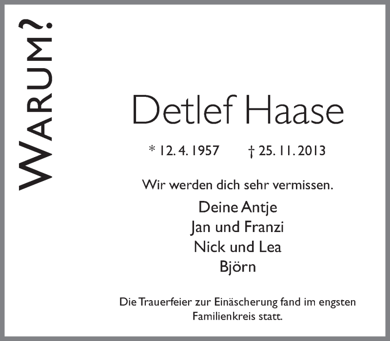  Traueranzeige für Detlef Haase vom 30.11.2013 aus Neue Westfälische