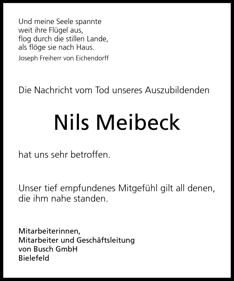  Traueranzeige für Nils Meibeck vom 30.09.2011 aus Neue Westfälische