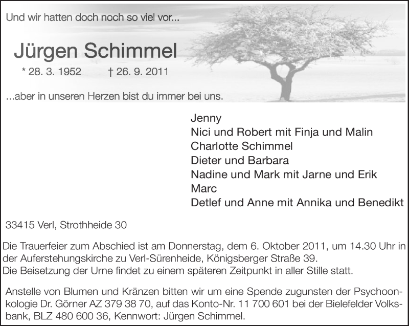  Traueranzeige für Jürgen Schimmel vom 01.10.2011 aus Neue Westfälische