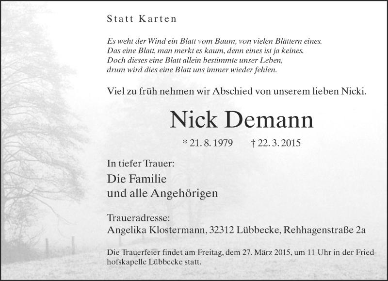  Traueranzeige für Nick Demann vom 25.03.2015 aus Neue Westfälische
