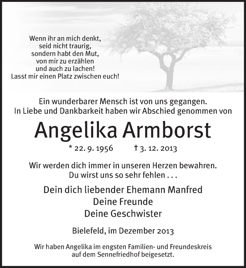  Traueranzeige für Angelika Armborst vom 14.12.2013 aus Neue Westfälische