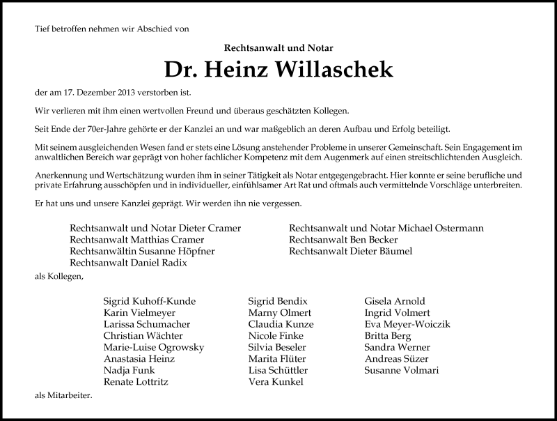  Traueranzeige für Heinz Willaschek vom 19.12.2013 aus Neue Westfälische